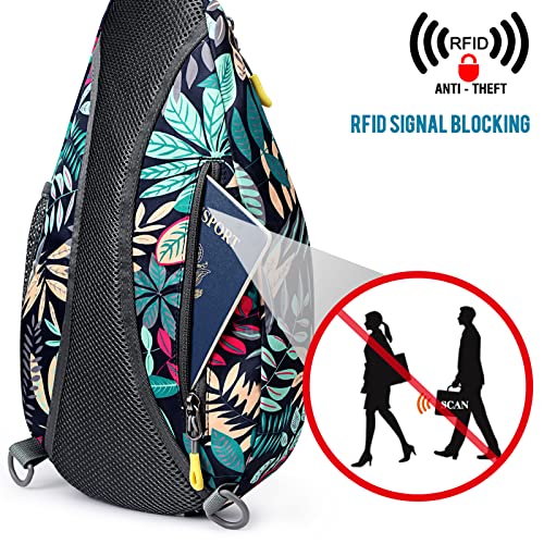 G4Free RFID Sling Bag Crossbody Backpack Casual Chest Shoulder Daypack Gym Bag for Hiking Travel 7L(Blue Leaf)3