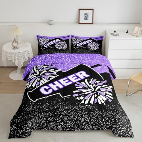 Image of Feelyou Purple Glitter Cheer Comforter Set Dreamy Girly Gymnastic Sports Comforter for Kids Boys Girls Gymnastics Lovers Bedding Set Cheer Sports Glitter Duvet Set Room Decor Quilt Queen Size Boys