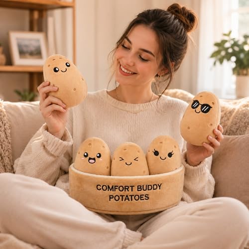Image of Emotional Support Potato Plush Set, 5 Soft Squishy Toys Stuffed Animal with Carrying Basket, Cute Cuddly for Loved Ones of All Ages, Stress Relief Funny Gifts (Potato)
