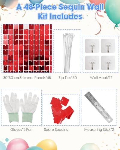 Image of Red Shimmer Wall Backdrop 48 Panels Cover 6 x 8 Ft, Photo Backdrops for Wedding,Anniversary,Birthday,Party Decoration