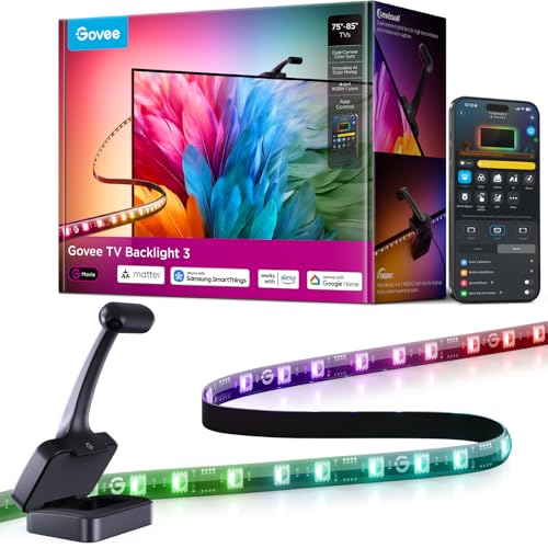 Image of Govee TV Backlight 3 with Dual 4MP Lens, TV Lights Sync to 75-85 Inch TVs | RGBWIC LED Strip Lights for Movie Night, Smart AI Color Filter, App & Voice Control, Compatible with Matter, 60LEDs /m, 16.4ft