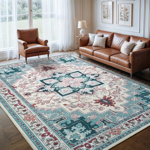 Lofus 9x12 Area Rugs for Living Room, Machine Washable Area Rug, Soft Large Rugs for Bedroom, Kitchen, Office and Indoor, Vintage Boho Carpet, Non-Slip Low Pile Carpets, Light Blue