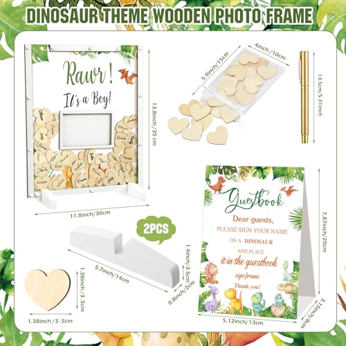 Image of Beeveer 65 Pcs Dinosaur Baby Shower Guest Book Alternatives Baby Shower Sign in Guest Book Decoration with 1 Photo Frame 60 Heart Wood Slices for 60 Guests Sonogram Frame Keepsake for BabyShower
