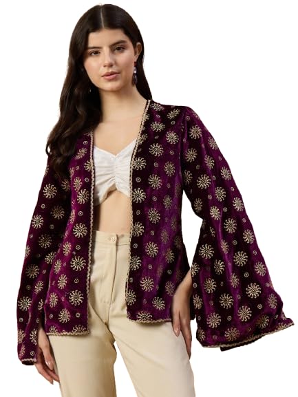drape and dazzle Women’s Black Velvet Cape | Ethnic Festive Jacket with Bell Sleeves-picture-43