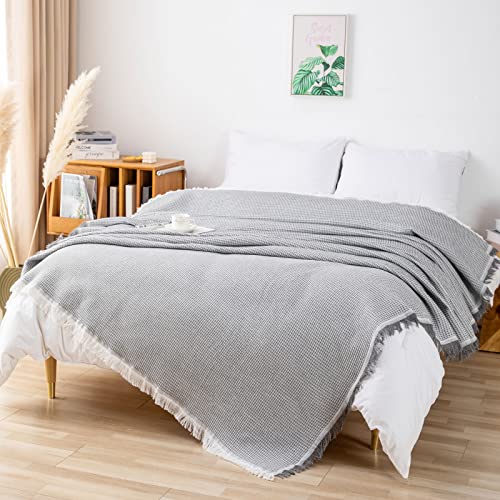 LHGOGO Waffel Sofa Überwurfdecke 180x300cm Große 3 Sitzer Sofaüberwurf Vielseitige Wohndecke als Sofadecke, Couch Überwürf, Sofa Überzug und Tagesdecke mit Deko Quasten - Hellgrau