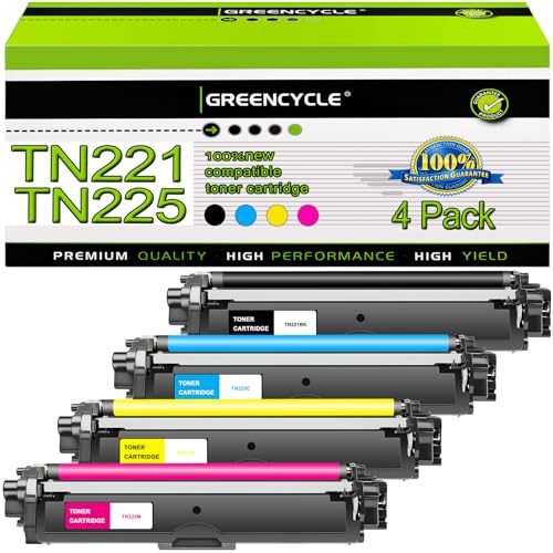 Greencycle TN221 TN225 Compatible Toner Cartridge Replacement for Brother TN-221 TN-225 to Use with MFC-9130CW HL-3170CDW MFC-9340CDW HL-3140CW MFC-9330CDW (1 Black, 1 Cyan, 1 Yellow, 1Magenta,4 Pack)