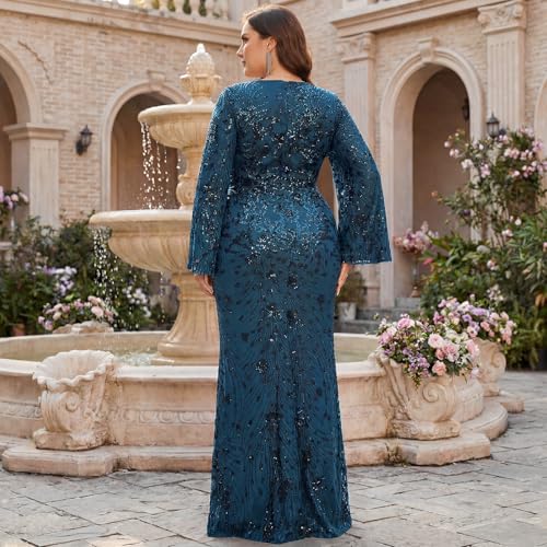 Image of Plus Size Formal Dresses for Women with Embroidery Sequin and Cape Sleeve, V-Neck Maxi Dress for Wedding and Party