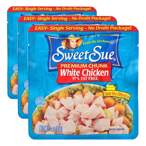 Sweet Sue Premium Chicken Breast with Rib Meat Pouch - 20g Protein per Serving - Gluten Free, Keto Friendly - White Chicken Chunks Great for Snack, Lunch or Dinner Recipes - 3 oz (Pack of 3)