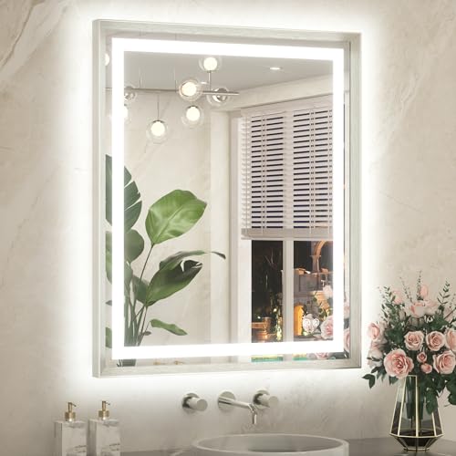 TETOTE Led Bathroom Mirror 30 x 36 with Brushed Nickel Frame Anti-Fog Frontlit & Backlit Vanity Mirror Stepless Dimmable Lighted Mirrors for Bathroom Wall 3 Colors White/Warm/Natural Wall-Mounted