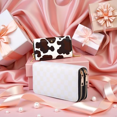Image of Beige Checkered Double Zip Wallet for Women - Large Capacity Classic Plaid Clutch with Smooth Zippers, Travel Card Holder Purse