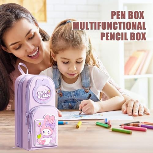 Image of Premium Canvas Pencil Case Hang able 6 Layer with 3 Compartment Cute Aesthetic Pencil Case Large Capacity Pencil Pouch for Kids (Cute Rabbit - Purple)