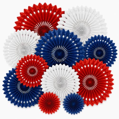 Image of Red White Blue Hanging Honeycomb Round Paper Fans Decoration Patriotic Theme Tissue Paper Fan Garland for Shower Birthday Graduation Wedding Party Supplies 11 Count
