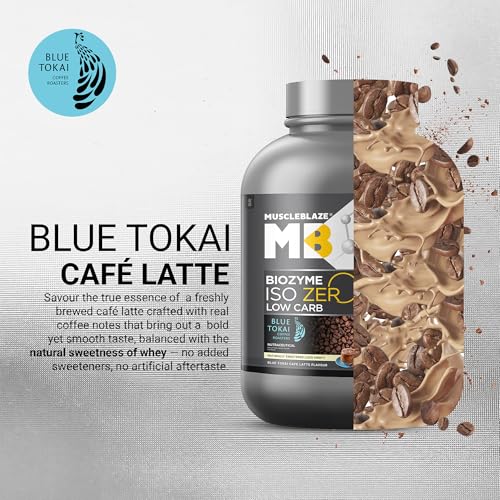 Image of MuscleBlaze Biozyme Iso-Zero, Low Carb Whey Protein Isolate Powder, Blue Tokai Cafe Latte (2kg / 4.4lbs) | 27g Isolate Whey Per Scoop | USA Patent-Published Enhanced Absorption Formula (EAF)