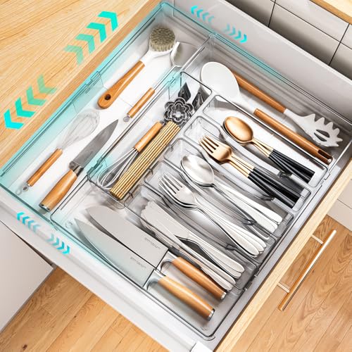 Extendable Cutlery Drawer Organiser - Adjustable Cutlery Tray Acrylic Kitchen Drawer Organiser Utensil Drawer Storage for Tableware 32-54 x 36-50 x 4.5cm