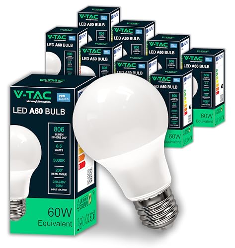 LUCE: 3000K Luce Bianca Calda V-TAC 10x Lampadine LED E27 - [ Alta Efficienza 8,5W ] - A60 - (Equivalenti a 60W) - Lampadine di Nuova Generazione a Risparmio Energetico - 806 Lumen - Luce Bianca Calda 3000K