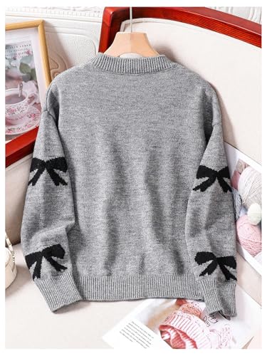 Image of BEAUDRM Girl's Cute Bow Sweater Crew Neck Long Sleeve Drop Shoulder Loose Pullover Tops