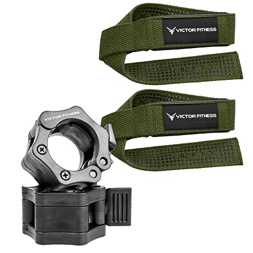 Victor Fitness 24" Padded Weightlifting Straps for Strength Training, Power Lifting, Deadlifts + 2 Quick Release Barbell/Dumbbell Collar Clamps (Green)