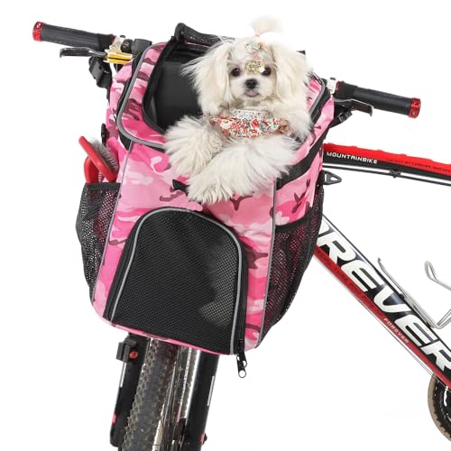 Pet-Bicycle-Front-Carrier-Backpack-for-Bike-Riding-Foldable-Removable-Reflective-Strips-Dog-Bike-Basket-Carrier-2-Side-Storage-Pockets-Pet-Travel-Bag-for-Cats-Small-Dogs-Pink-Camo - Cucciolini Doodles   Pet-Bicycle-Front-Carrier-Backpack-for-Bike-Riding-Foldable-Removable-Reflective-Strips-Dog-Bike-Basket-Carrier-2-Side-Storage-Pockets-Pet-Travel-Bag-for-Cats-Small-Dogs-Pink-Camo
