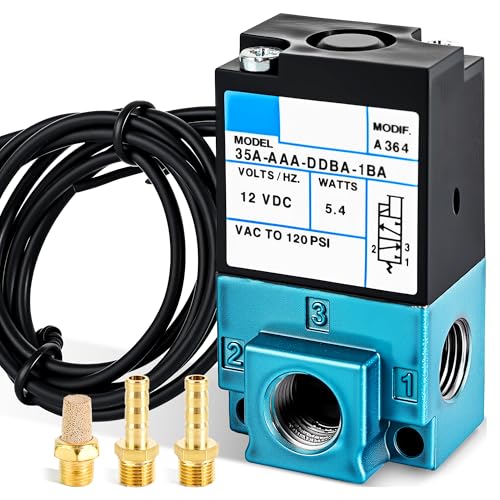 DC 12V 5.4W Solenoid Valve 3-Port Electronic Boost Control Solenoid Valve Carbon Steel Dispensing Machine Valve with Brass Fitting 6mm Threaded Connector (35A-AAA-DDBA-1BA)