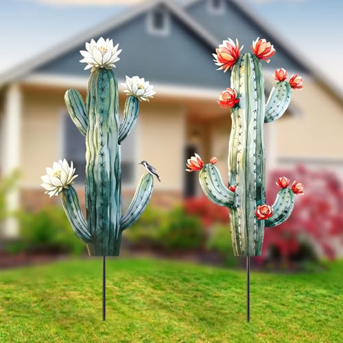 Otoolling 2 Cactus Yard Stakes Signs Waterproof Metal Garden Statues for Indoor/Outdoor Yard Garden Events