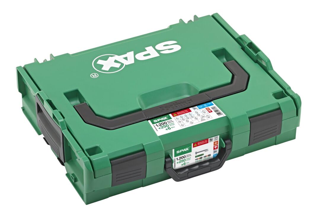 SPAX Maletín de montaje L-BOXX grande, juego de electricista con 1200 tornillos de cabeza semirredonda en 14 tamaños, 250 tacos a juego y 6 puntas T-STAR plus