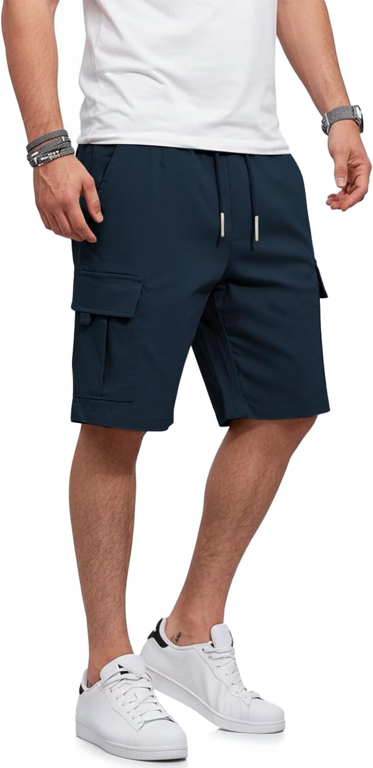 HUNGSON Mens Cargo Shorts Drawstring Classic Chino Stretch 9" Inseam Short with 6 Pockets - Image 3