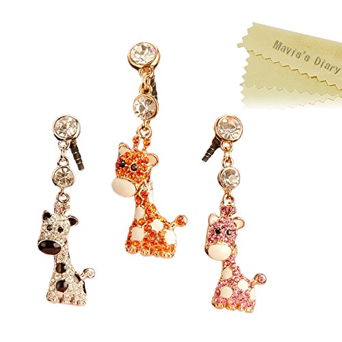 Mavis's Diary Dust Plug 3 Pcs Cute Diamond Bling Design Cell Charms Earphone Jack Accessories for iPhone 6 6S Plus SE 5 5S /Ipad/iPod Touch/Galaxy A11/A12 A Series 3.5mm Ear Jack (Giraffe)