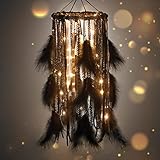 Dream Catcher Mobile Large Light Up Dream Catchers with Black Shining Lace& Bells LED Fairy Lights Battery Powered Hanging Ornaments- 7.9Wx 22L Inches Feathers Wedding Boho Decorations Nursery Decor