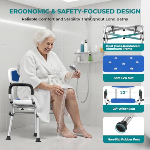Image of Shower Chair for Inside Shower with Arms & Back, 550 lbs, 6 Heights | Dual Crossbar Frame, Non-Slip Feet, 22-Inch EVA-Cushioned Seat, Showerhead Holder, Rust-Resistant Aluminum, Tool-Free Setup