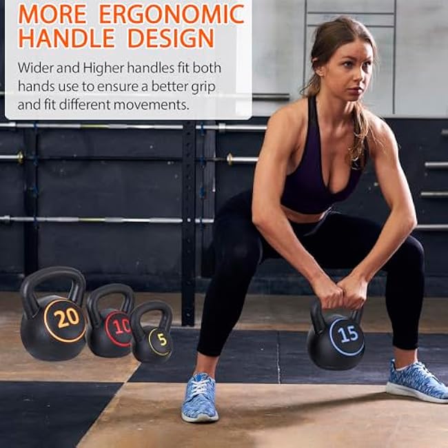 F2C Kettlebell Sets 4 Piece Strength Training KettleBells Weight Set 5lb, 10lb, 15lb, 20lb HDPE Coated Concrete Kettle bell Core Training or Women & Men for Full Body Workout & Exercise Fitness