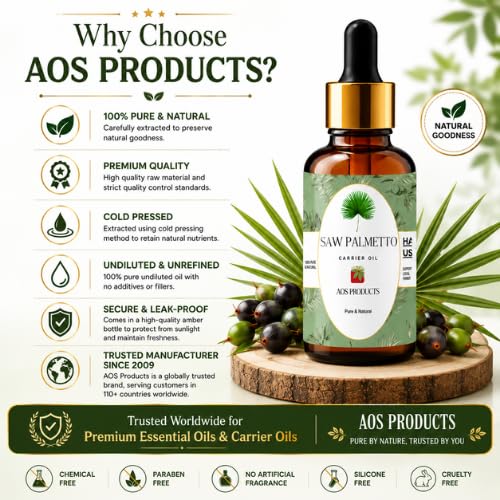 Image of AOS Products Saw Palmetto Oil 30ml | 100% Pure & Natural | Undiluted Carrier Oil | Cold Pressed | Multipurpose Oil for Hair, Skin & Massage | Premium Quality