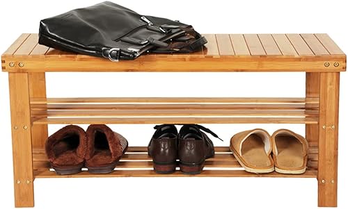 Banco de zapatos de bambú, estante de 3 niveles de 35.4 pulgadas para entrada con asiento largo y estantes de almacenamiento, estante de banco para