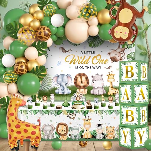 Safari Baby Shower Decorations Boy - Jungle Theme Party Supplies Include Balloon Garland Arch Wild One Backdrop Tablecloth 4 Printed Boxes Monkey Giraffe Foil Balloons - Sage Green