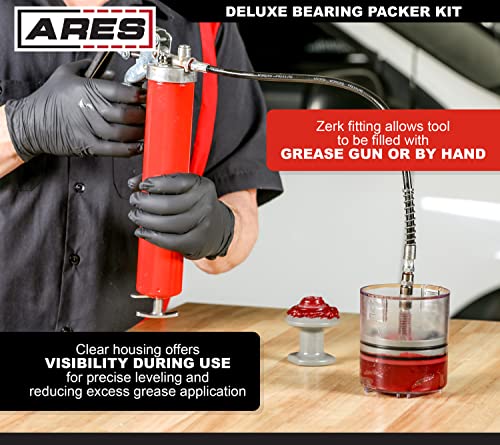 Image of ARES 54036 - 2-Piece Deluxe and Standard Bearing Packer Kit - Quickly and Easily Flushes Old Grease and Repacks Wheel Bearing - Fill with Grease Gun or by Hand - Includes Cone-Style Bearing Packer