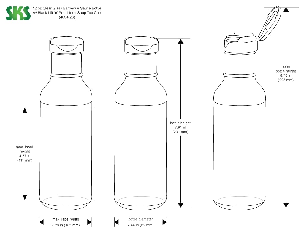 12 oz Glass Bottles, Glass Barbecue Sauce Bottles w/Black Polypropylene Lift and Peel Lined Snap Top Caps