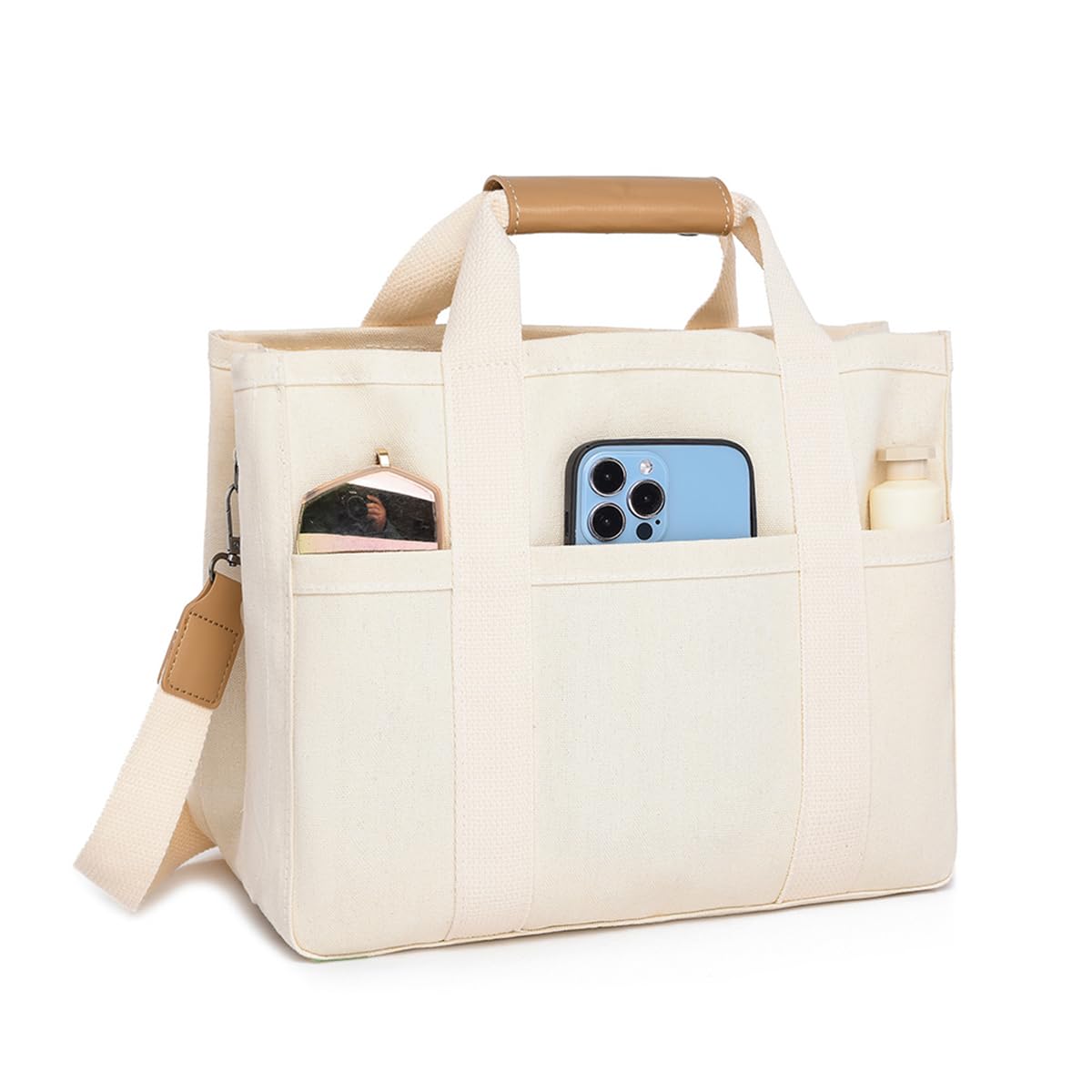 Gumhay Canvas Tote Bag with Multi Pockets Shoulder Bag for Women Trendy Crossbody Handbag Everything Crossbody Bag Purses