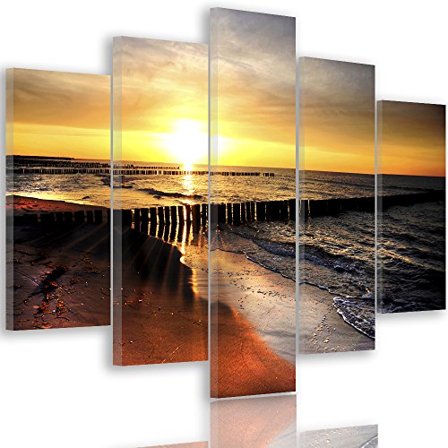 Feeby Frames, Tableau multi panneau 5 parties, Tableau imprimé xxl, Tableau imprimé sur toile, Tableau deco, Pentaptyque Type A, 100x150 cm, PLAGE, BRISE LAMES, MARINE, LEVER DE SOLEIL, BLEU, ORANGE