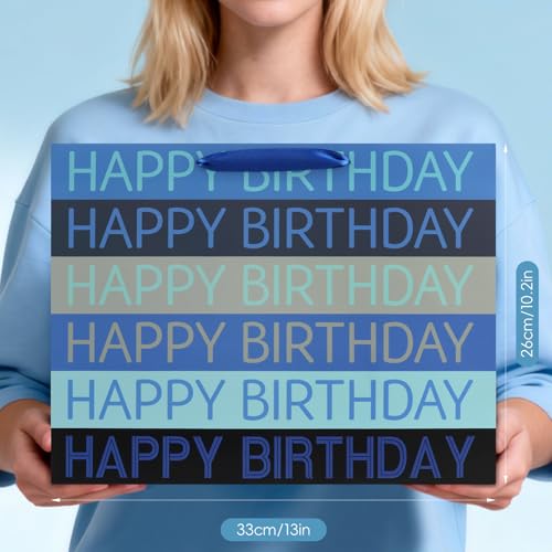 Image of JMANNI Large Happy Birthday Gift Bag with Tissue Papers and Greeting Card,Portable Paper Gift Bags with Handles,Blue Present Bags for Women Men Birthday Party Supplies13 x10.2 inchx4.7 inch(Blue Stripes)