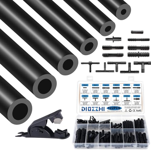 Silikon-Vakuumschlauch 2M 6 Stück mit Nylon-Verbindern 12 Größen122 Stück | Innendurchmesser 3/4/5/6/8/10mm | Hochleistung 130PSI | Für Luft und Wasser | Schwarz