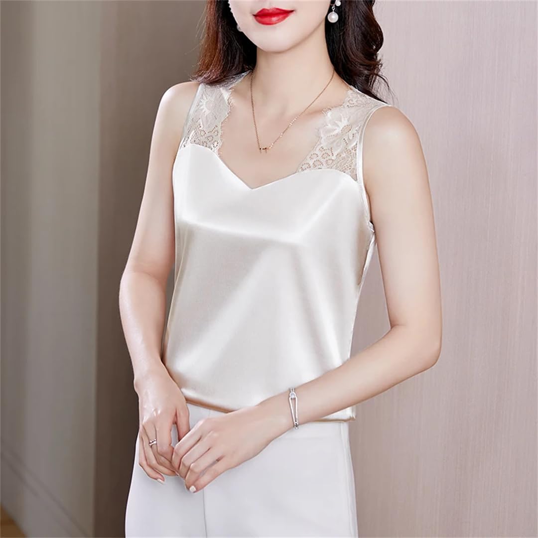 Camicette da donna in seta canotte in pizzo tinta unita senza maniche gilet in raso allentato