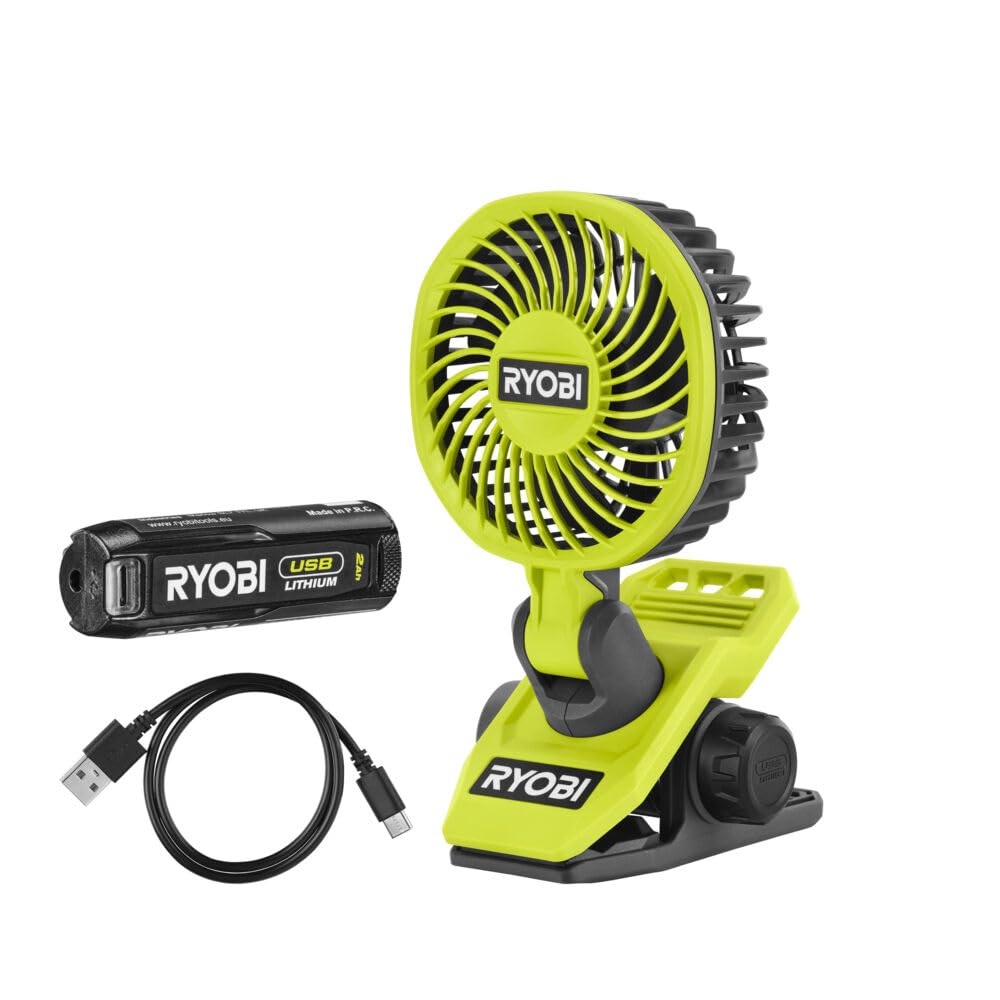 RYOBI - Ventilateur à Pince 4V USB Lithium RCF4-120G - Portable & Orientable - Idéal pour Se Rafraîchir en Bricolant, Camping ou Bureau - Inclus Batterie 2,0Ah & Câble
