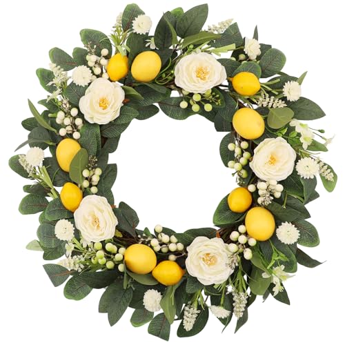 Hyndora 22 Inch Lemon Floral Wreath with White Peonies and Eucalyptus Leaves Summer Front Door Wreath Farmhouse Decor for Spring Summer Indoor Outdoor Use