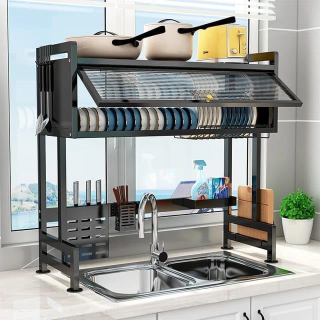 Image of Gvnd Over-The-Sink Dish Drying Rack with Dustproof Flip Cover Door | Multifunctional Adjustable Metal Kitchen Countertop Organizer (Black, 85x80x29Cm)