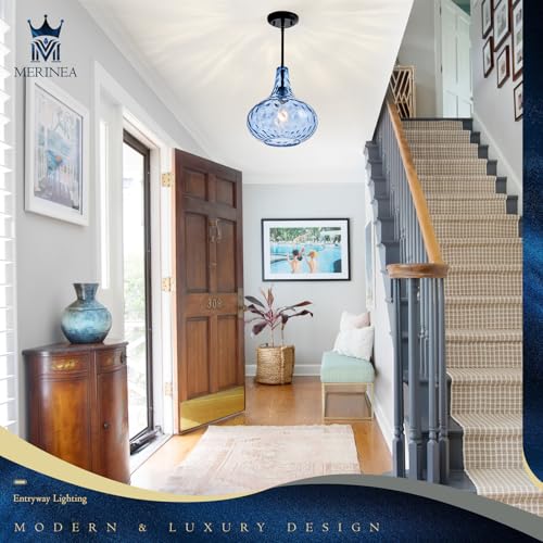 Image of 11 inch Blue Hammered Glass Pendant Light, Black Finish, E26 | 11 inch blue hammered glass pendant light with black finish, adjustable rod, E26 socket, ideal for kitchen islands.