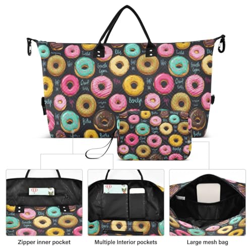 Funny Donuts Black Travel Duffle Bag Gym Bag Weekender Bags with Toiletry Bag Travel Trip Tote Bag2