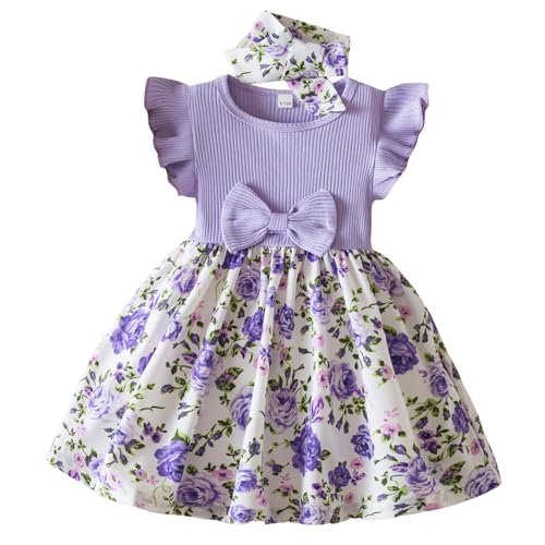 Niño Niños Niñas Volar Mangas Flores Estampados Bowknot Vestidos Ropa Diadema Traje, morado, 9 12 meses