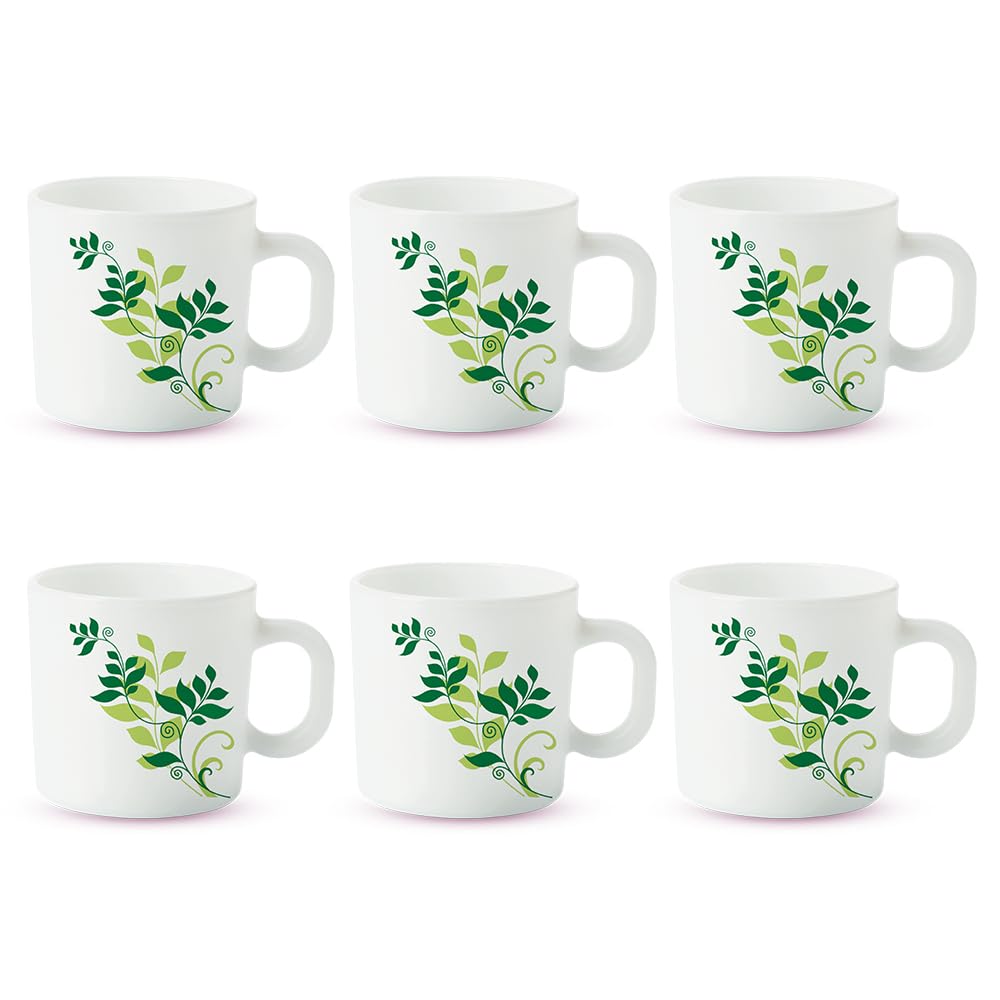 Larah by BOROSIL Fern Opalware Mug | Set of 6 Tea/Coffee Mugs, 100 ml Each | Microwave & Dishwasher Safe | Bone-Ash Free | Crockery Set Ideal for Daily Use & Gifting | White