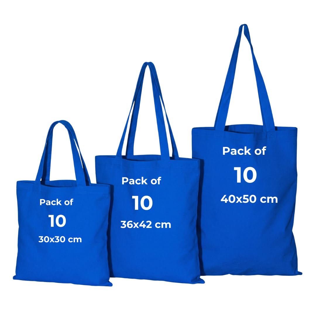 IMFAA Pack of 10 Premium-Quality Long Lasting 100% Cotton Canvas Tote Reusable Shopping Bags Ideal for Printing and Embroidery (Blue,Small 30x30x30) โ image 1