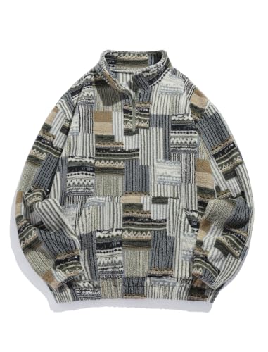 Image of ZAFUL Men 1 /4 Zipper Ethnic Aztec Fleece Unisex Winter Sweatshirt Tops 2026 | Funnel Neck Fluffy Polar Fleece Faux Sherpa Soft Thermal Pullover Kangaroo Pocket Jacket Hoodie Tops