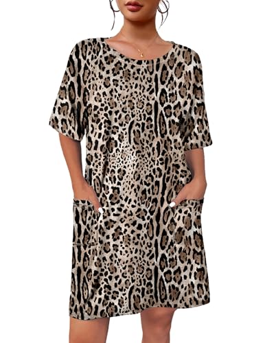 Image of Ekouaer Sleep Shirts for Women Nightgown Short Sleeves T shirt Night Dress Round Neck Womans Nightgown with Pocket S-XXL